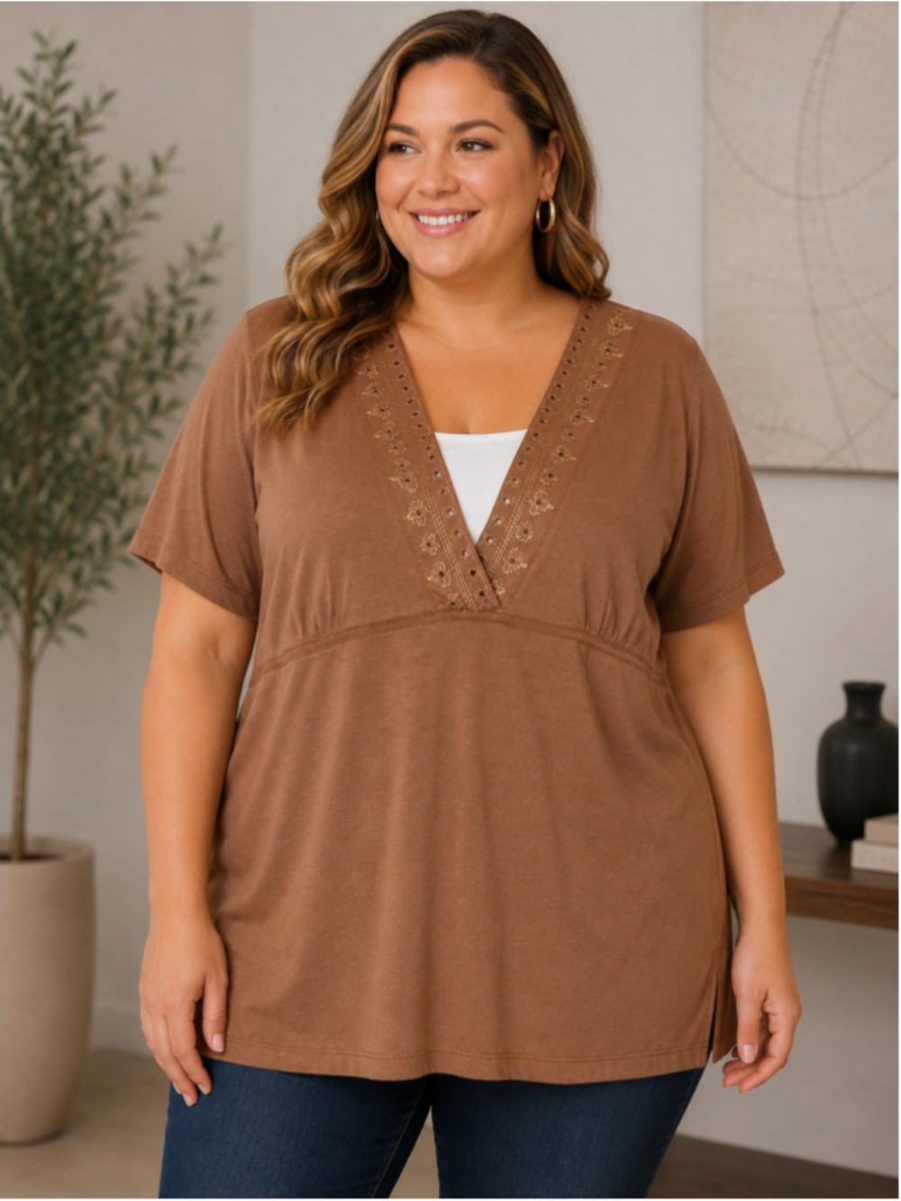 Jason Maxwell Brown Tunic Top,Women's Plus Size 1X